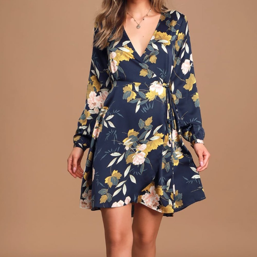 Lulus Love is Life Navy Blue Satin Wrap Dress